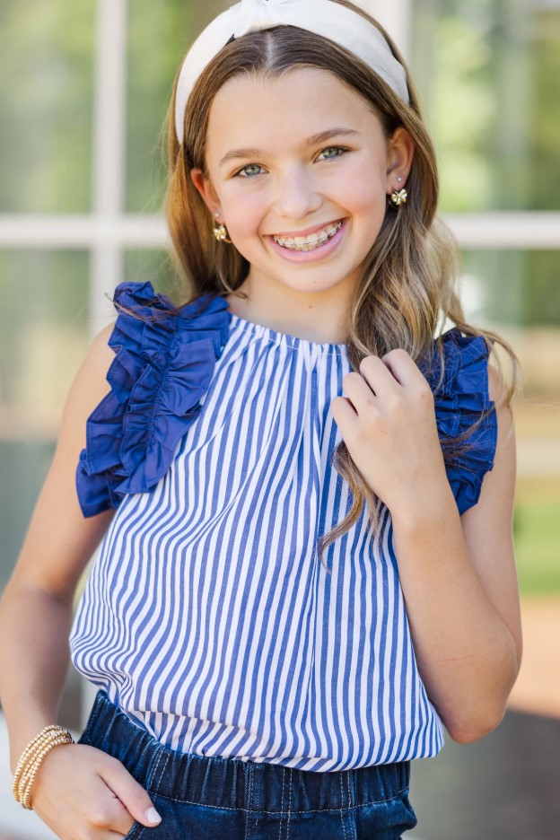 Dark Blue Stripe Cotton Tops for Girls