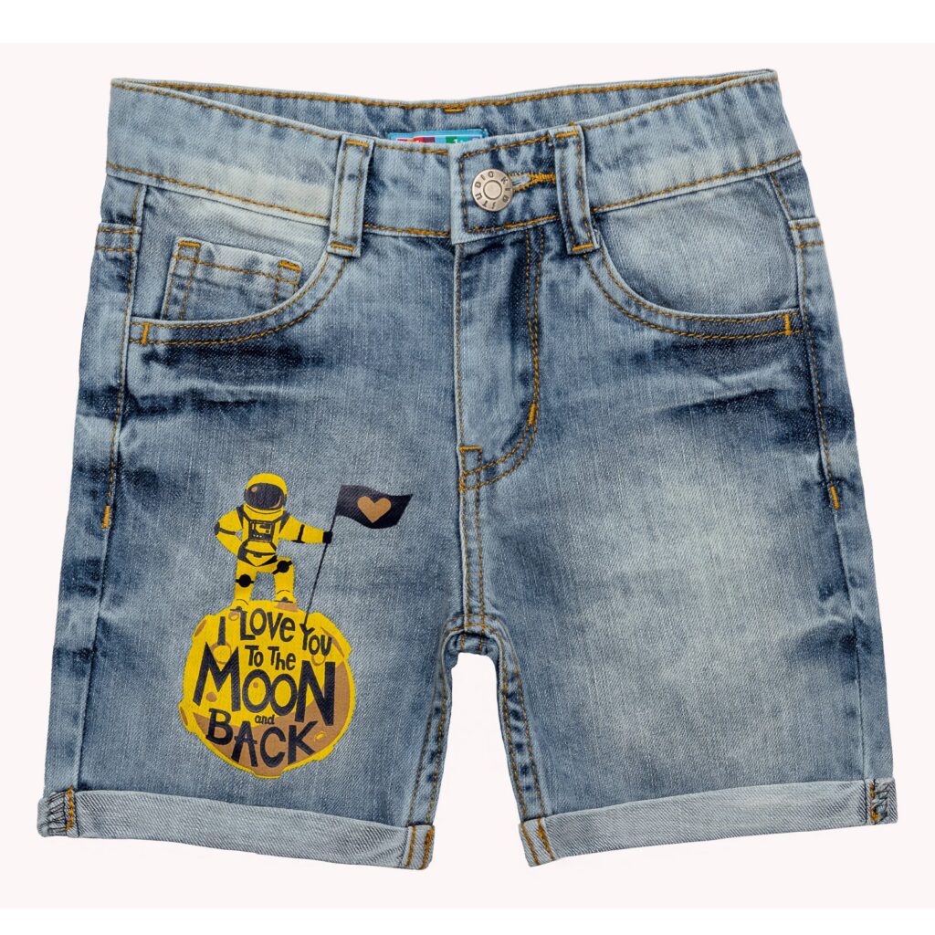 Kids Blue Astronaut Printed Denim Shorts